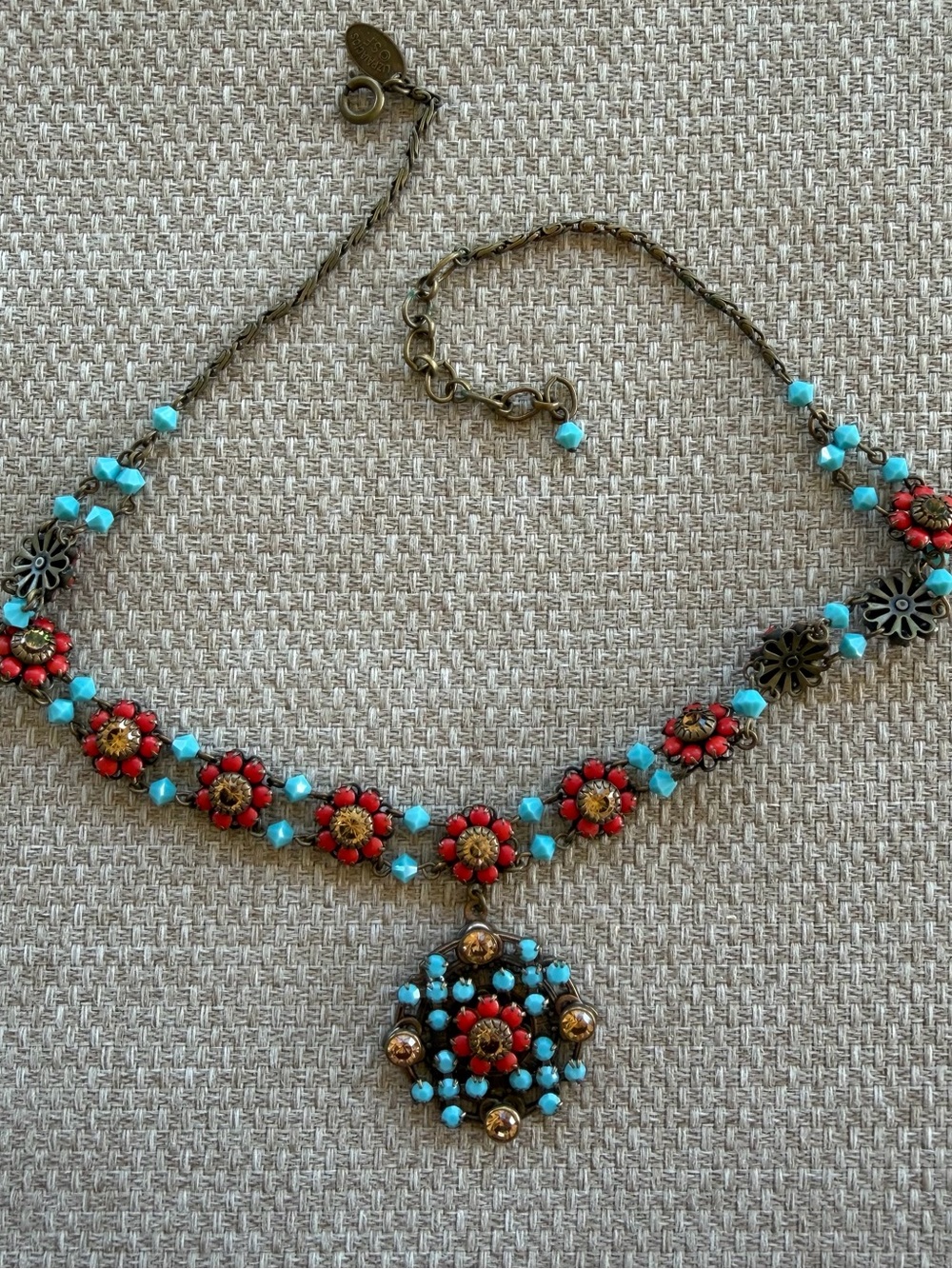 Liz Palacios Vintage Agate Crystal Red Blue Turquoise Topaz Cabochon Necklace